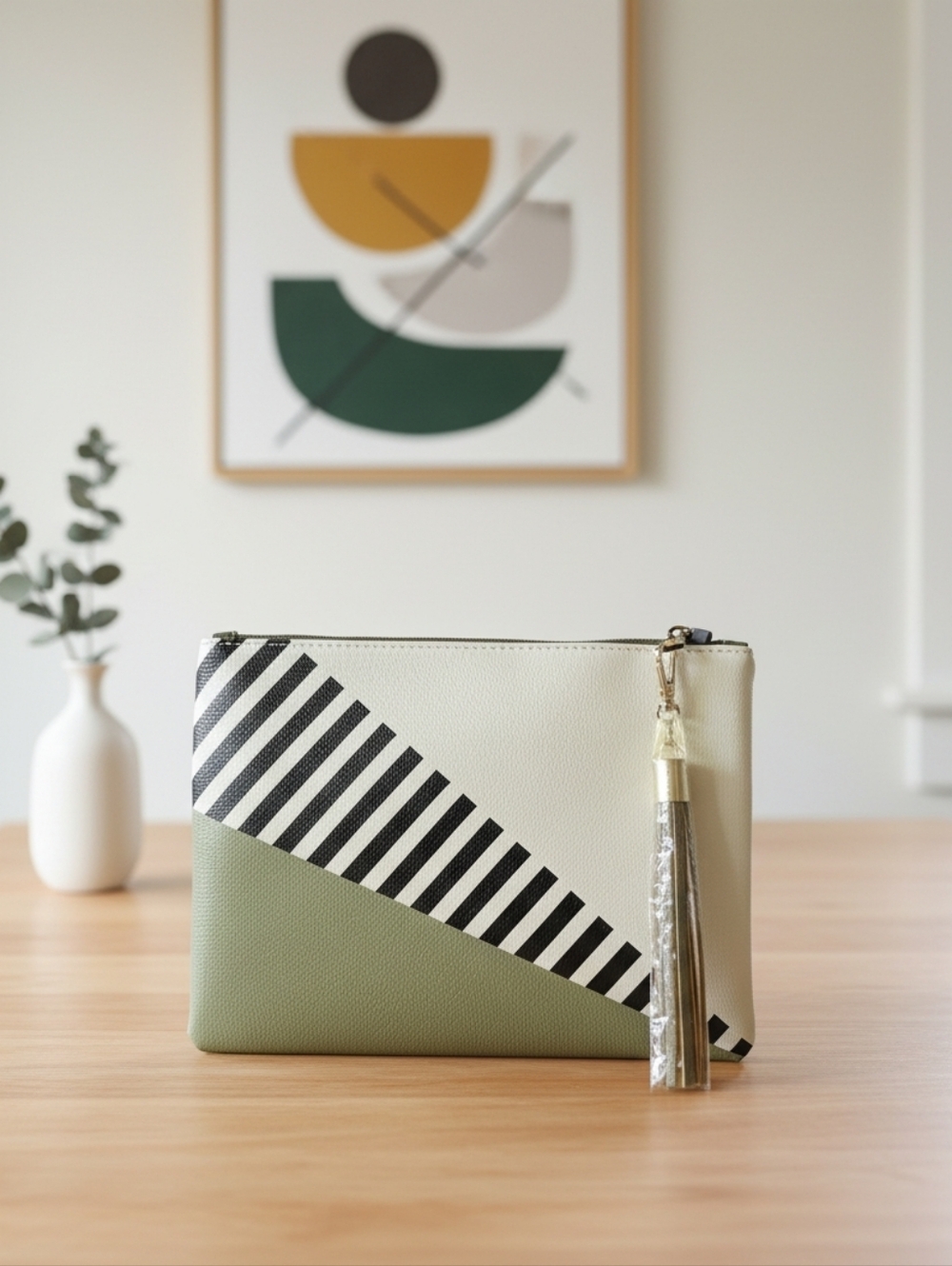 Neutral & Sage Stripe Accent Wristlet Clutch with Tassel